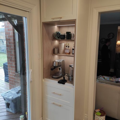custom kitchen cabinet in Canada with built-in coffee station and open shelving