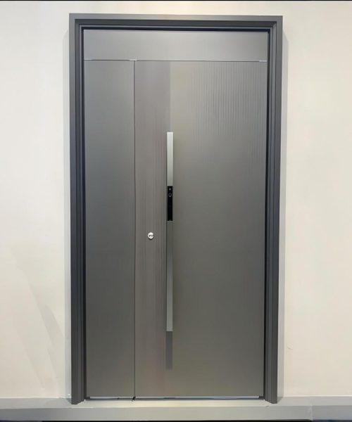 Stainless Steel Entry Door 3 Modern stainless steel entry door in light grey aluminum with sleek handle and minimalist design