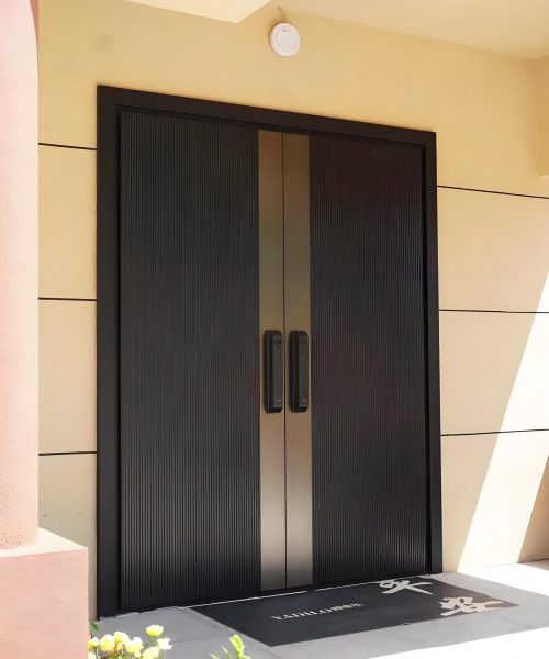 Stainless Steel Entry Door 4 Double stainless steel entry door in black aluminum with vertical stripe design and modern handles