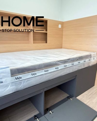 Indonesia Rental Apartment Renovation Custom Furniture Project 9 Custom storage bed with wall panel and built-in shelving in Indonesia rental apartment renovation project.