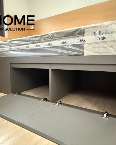 Indonesia Rental Apartment Renovation Custom Furniture Project 11 Custom storage bed with opened under-bed compartments in Indonesia rental apartment.