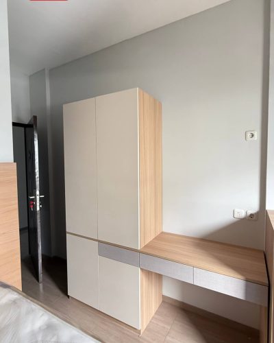 Indonesia Rental Apartment Renovation Custom Furniture Project 7 Three-tone light wood, beige, and grey, custom wardrobe with built-in desk for Indonesia rental apartment renovation.