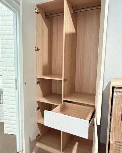 Indonesia Rental Apartment Renovation Custom Furniture Project 3 indonesia-rental-house-two-tone-custom-wardrobe-with-built-in-desk-door-open-2