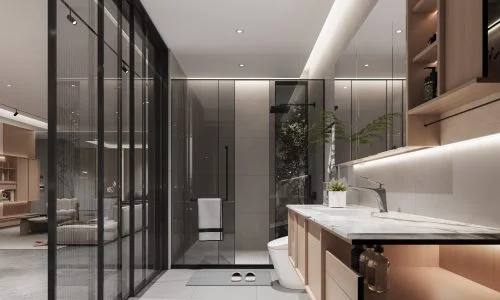 Modern bathroom vanity with a marble countertop, open storage, glass shower enclosure, and contemporary design.