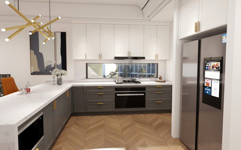 lemari dapur semi-kustom.jpg Lemari dapur dua warna yang dibuat khusus dengan pegangan berwarna emas.