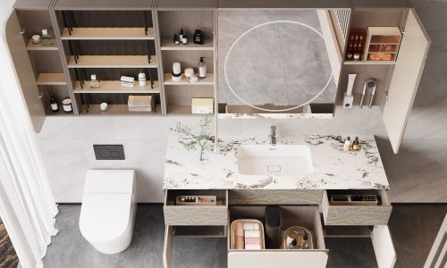 Modern bathroom vanity with marble countertop, integrated storage, and a stylish mirror for a functional and elegant design.