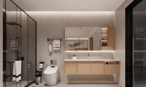 Modern bathroom vanity with wood cabinetry, integrated lighting, and a large mirror in a contemporary bathroom setting.
