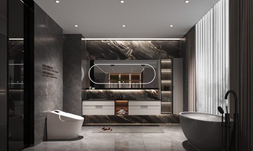 Modern bathroom vanity with a marble countertop, backlit oval mirror, and sleek storage cabinets in a contemporary design.