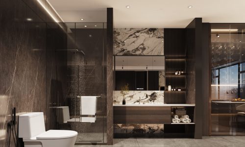 Modern bathroom vanity with marble countertop, dark wood cabinetry, and sleek glass shower in a luxurious setting.