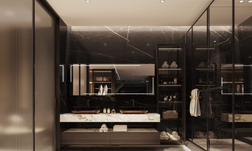 Elegant bathroom vanity with marble countertop, modern lighting, and dark cabinetry in a luxurious design.