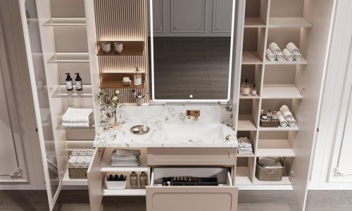 Elegant bathroom vanity with marble countertop, well-organized storage, and a modern lighted mirror for a sleek look.