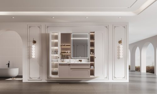 French-style bathroom vanity with marble countertop, modern lighting, and elegant design elements for a luxurious look.