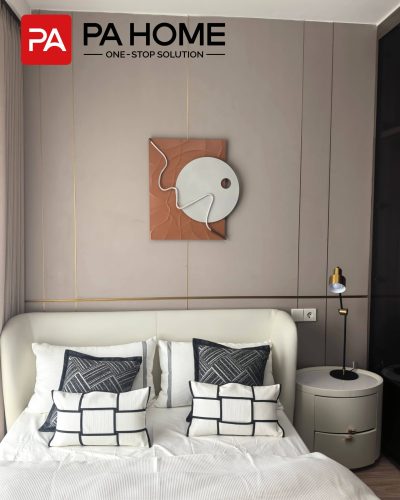 Elegant Tangerang Whole House Custom Interior Project 2 Tangerang bedroom with custom decorative wall panel, neutral tones, and modern bedside storage.