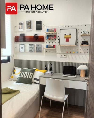 Elegant Tangerang Whole House Custom Interior Project 6 Compact bedroom in Tangerang with custom desk, wall panel storage, shelves, and study area.