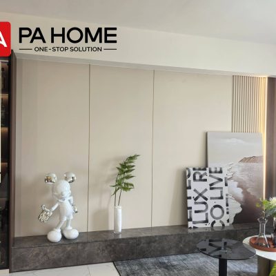 Elegant Tangerang Whole House Custom Interior Project 9 Tangerang living room with custom wall panels, low TV cabinet, glass display cabinet, and decorative lighting.