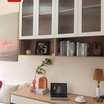 Elegant Tangerang Whole House Custom Interior Project 12 tangerang-whole-house-custom-reeded-glass-door-top-cabinets-and-minimalist-desk-closeup-bedroom