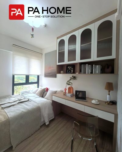 Elegant Tangerang Whole House Custom Interior Project 5 Tangerang bedroom with custom top cabinets, minimalist desk, aluminum window, and wood finishes.