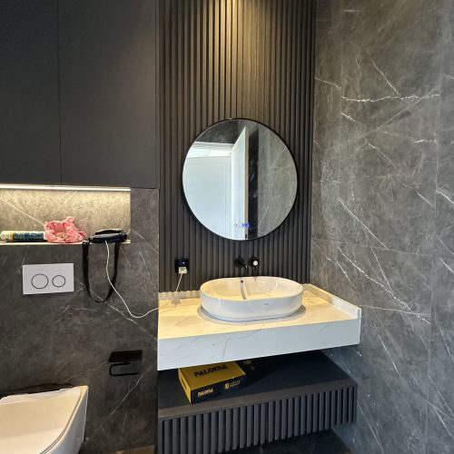 Umalas Creek Villa Custom Cabinets Project walnut kitchen island with white quartz counter