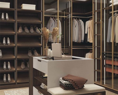 Walk in closet with island featuring bench display shelves and high end wardrobe system