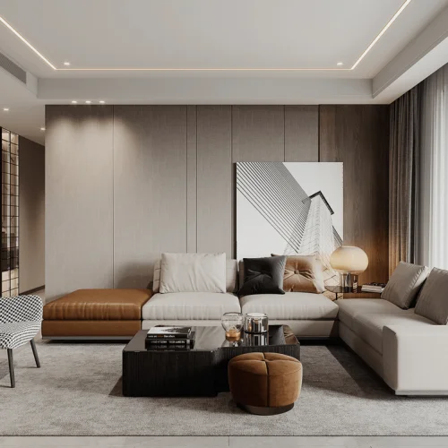 A gray-toned living room with a few colorful furniture pieces and warm-toned table lamps, while the wood wall paneling subtly reveals natural wood grain, adding warmth to the space.