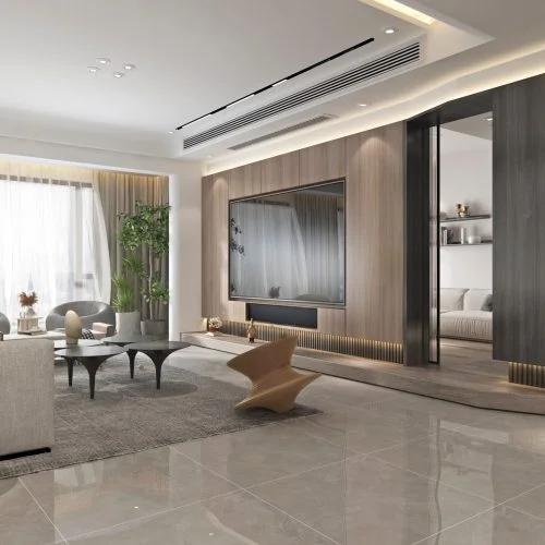Smooth wall paneling behind the TV creates a clean, elegant look, while contrasting panels separate the living room into two distinct areas.